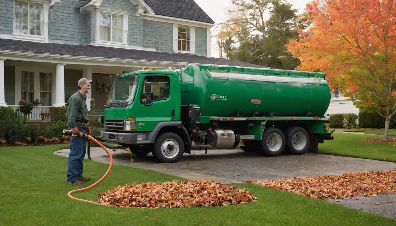Septic tank pumping truck parked beside a tidy suburban home in the Hampstead area on a clear autumn morning